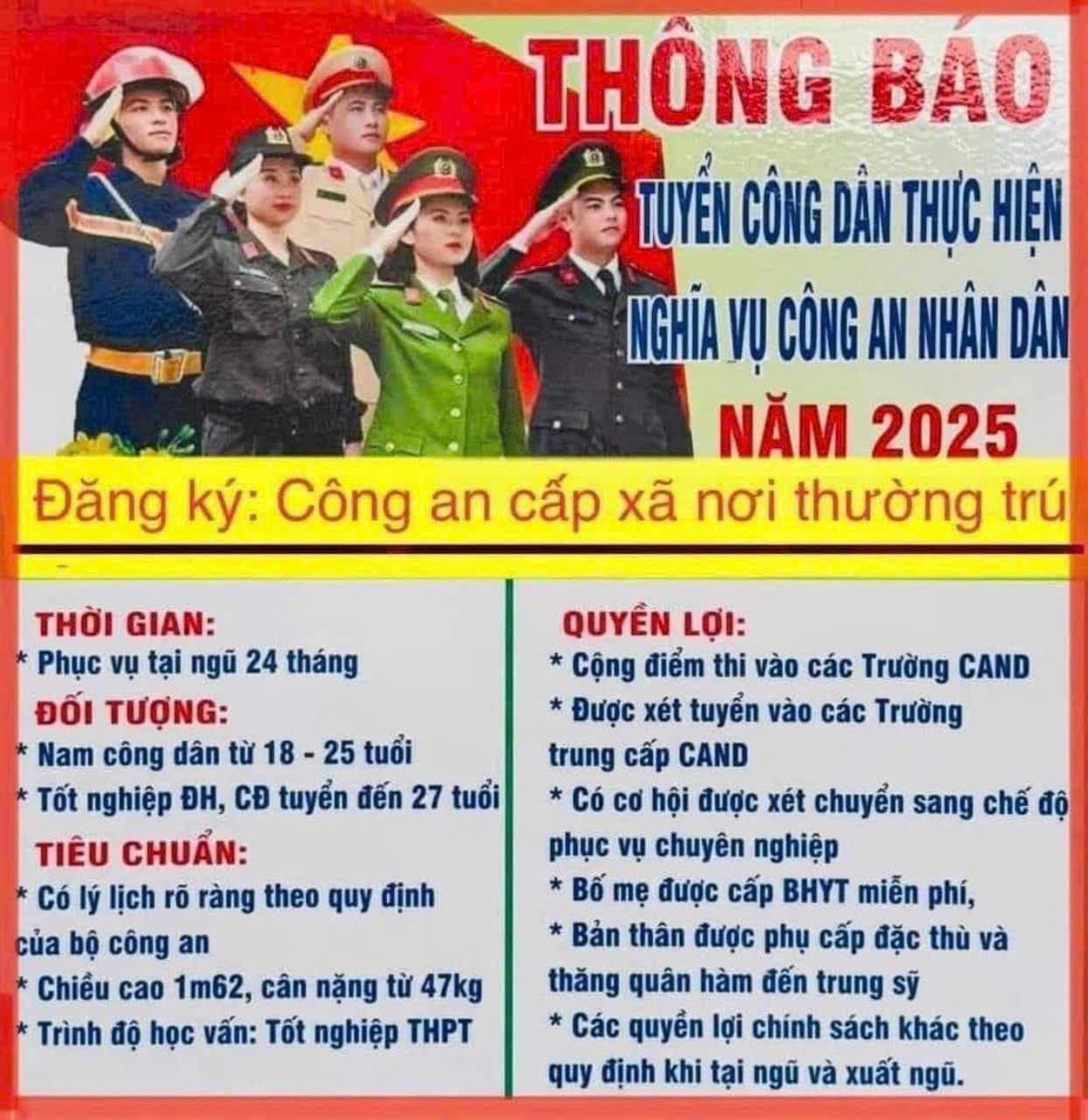 Thông báo tuyển chọn công dân thực hiện nghĩa vụ tham gia Công an nhân dân năm 2025